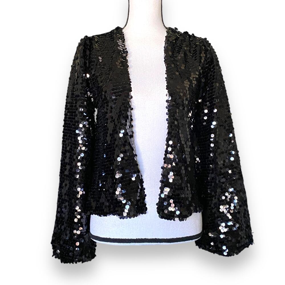 Love On A Hanger Sequin Blazer Jacket Sz S Black Balloon Sleeve Cropped Holiday